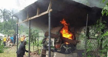 When things finally fall apart and the centre cannot hold — natives will set fire to their own cultural sites to sanitise them of a history they can only perceive through distorted narratives. Now the ‘master’ isn’t even required for the work to continue. Simulation takeover is complete and the natives can propagate the new culture by themselves. Here is a picture of a pre-colonial altar drum being set on fire. And we are still fighting for restitution and the return of our artefacts.