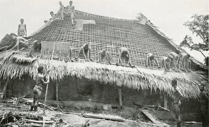 Communal existence required levels of cooperation we cannot begin to imagine today. This picture depicts men of a similar age group building a house together for one of their peers. Sure, we have since become atomised with division of labour, so can our taxes just go more on free housing and less on military expansion?