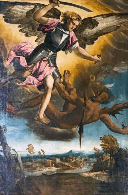 The most popular depiction of Angel Michael vs. Lucifer — we didn’t even have his foot on his head in this. Notice how Lucifer is now dark-skinned and featherless with his wings. Maybe something, maybe nothing.